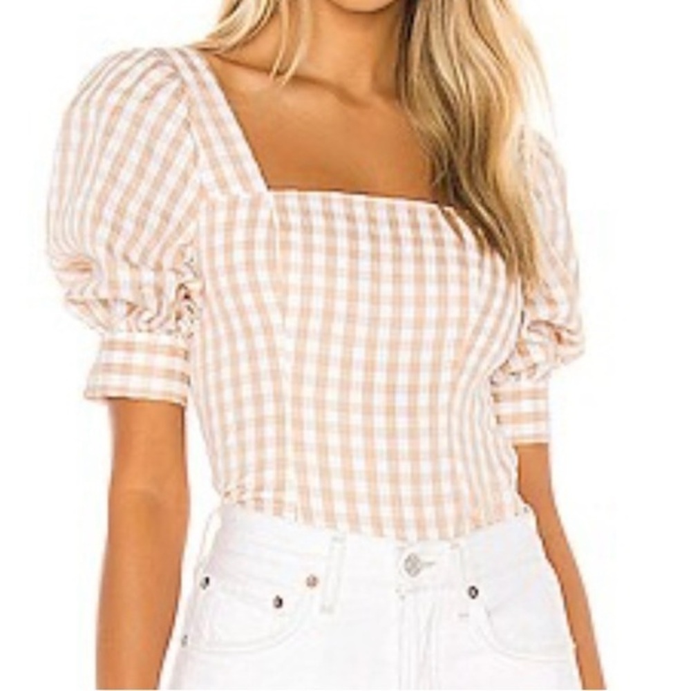 MAJORELLE Beige and White Gingham Puff Sleeve Blouse